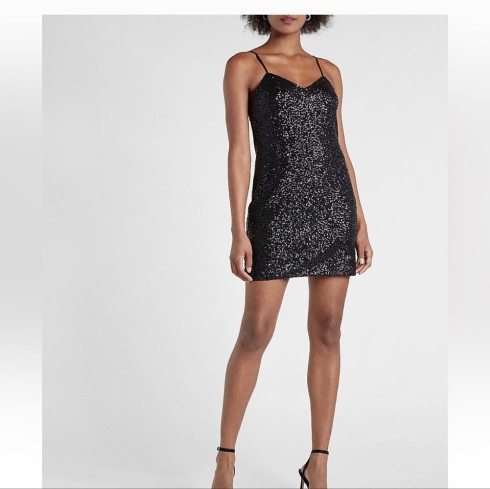 Express Black Sequin V-Neck Mini Slip Dress Size small